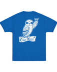 The back of a royal blue t-shirt featuring a white illustration of a pueo raising its wing to shaka, with the text "Chee Huuu!" on a banner below.