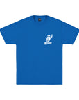 The front of a royal blue t-shirt with a small white illustration of an owl on the left chest, raising its wing to shaka, and a banner below it with the "TRADES"