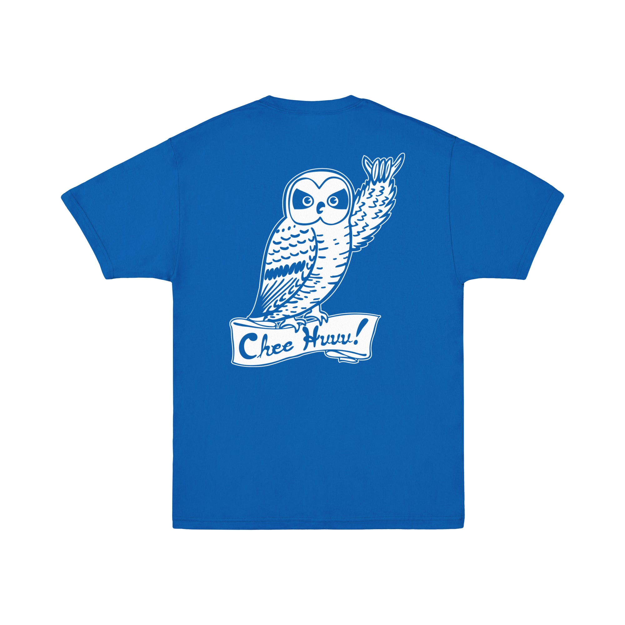 The back of a royal blue t-shirt featuring a white illustration of a pueo raising its wing to shaka, with the text "Chee Huuu!" on a banner below. 